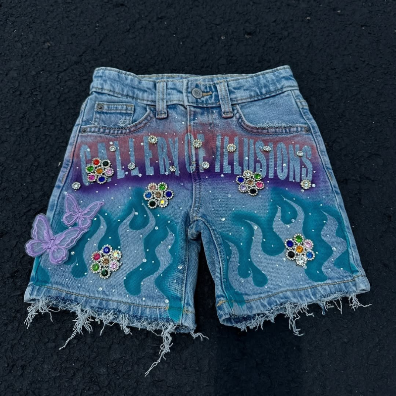 Men's Shorts Tassel Flame Print Pattern Rhinestone Butterfly Decoration Loose Denim Retro American Street Men Women Fashion Jeans Home Casual Men