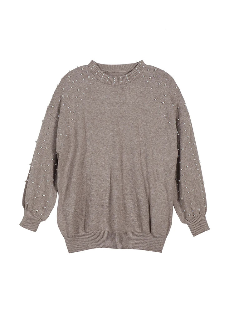 Plus Size Smokey Gray Womens Pearl Dropped Shoulder Crew Neck Sweater Choice for Autumn and Winter 250728