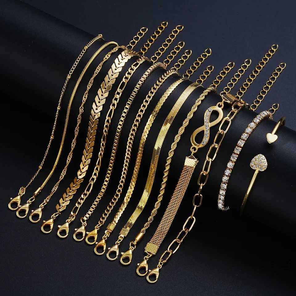 3/5/14 Pcs Punk Simple Metal Twist Bracelet Set for Women Fashion Gold Color Heart Zircon Tone Chain Daily Wear Jewelry Gifts W250728
