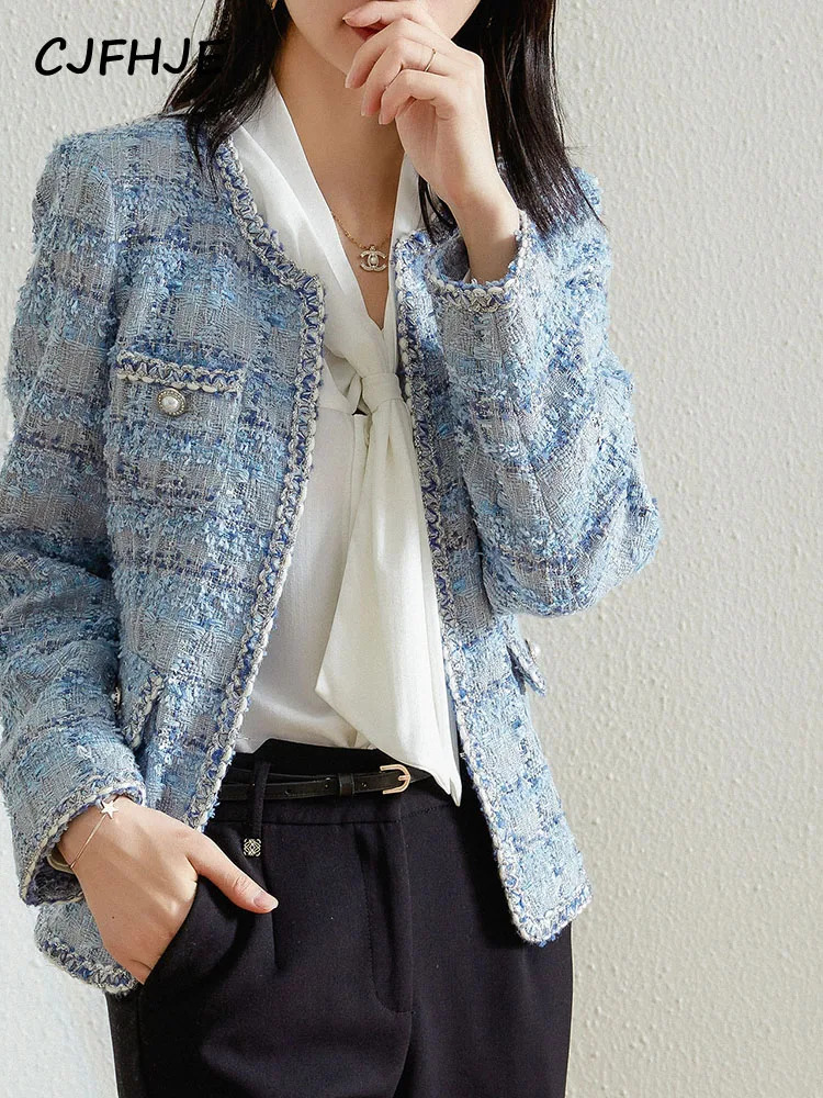 7777777777777777 Long Sleeve Fashion Tweed Jackets Women Spring Autumn Classic Coats Female Plaid Blue Loose ONeck Elegant Lady Jackets 250728