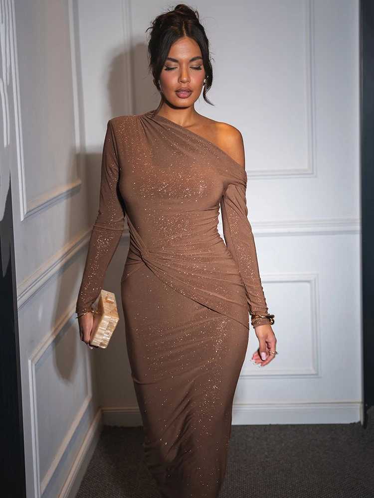 Mozision Sparkle Long Sleeve Sexy Maxi Dress For Women Inclined Shoulder Backless Bodycon Ruched Club Party Sexy Long Dress Z250728