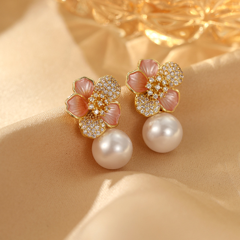 Elegant Design Ball Pearl Camellia Flower Drop Earrings for Women 14K Real Gold Plated Cubic Zirconia Pearl Charm Earrings Luxurious Fine Earrings Jew