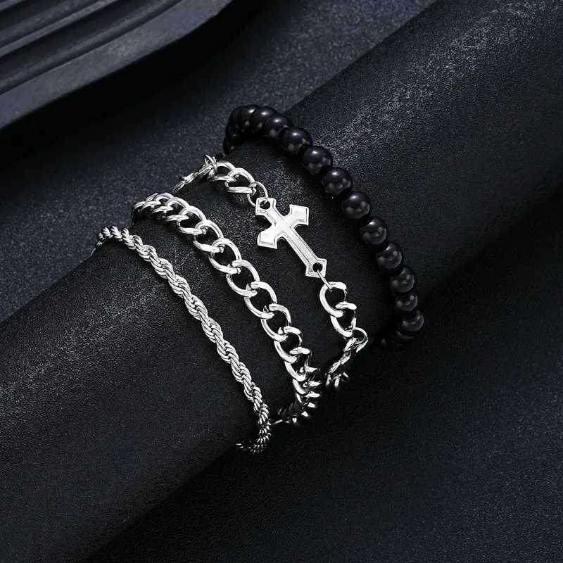 4 Pcs Stainless Steel Bracelet Set For Men Women Punk Fashion Cross Beads Chain Bracelets Simple Hip Hop Unisex Jewelry Gift New W250728