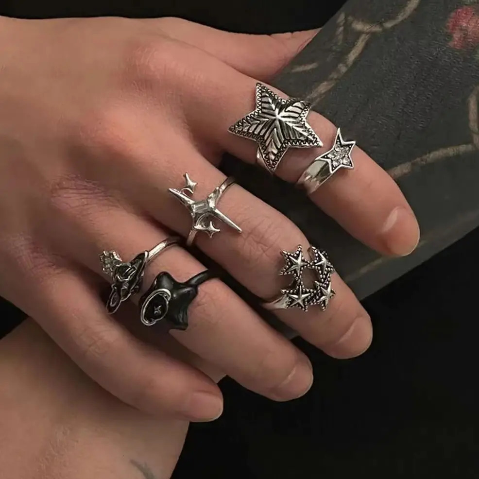 KunJoe 6Pcs/Set Vintage Silver Color Star Open Ring Set for Men Punk Geometric Adjustable Finger Ring Fashion Male Jewelry Gift 250723