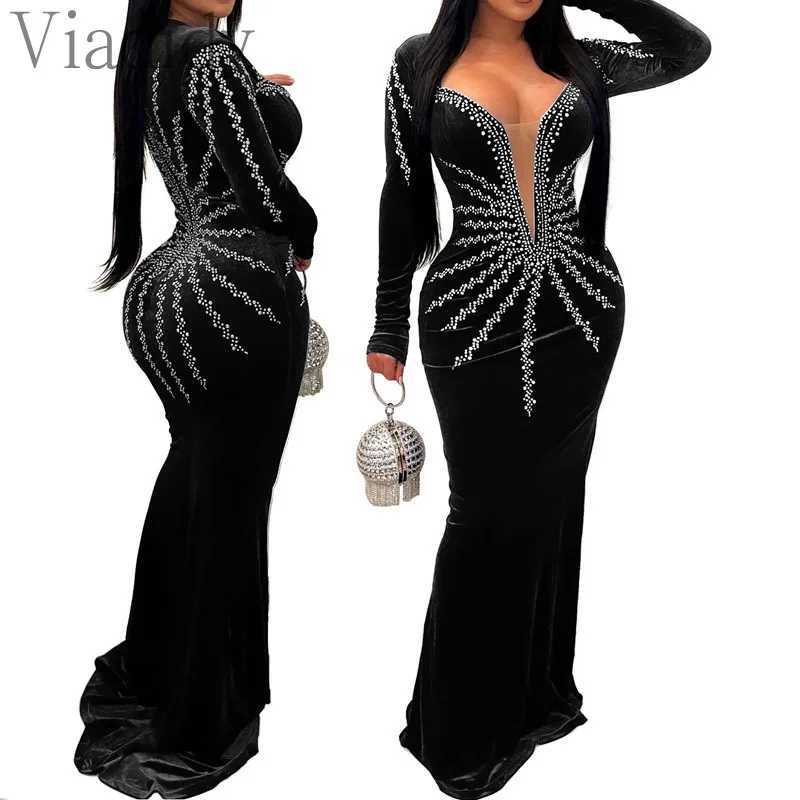 Women Sexy Velvet Mesh Rhinestone V-Neck Floor-Length Evening Party Dress Long Sleeve Back Zipper Mermaid Dresses Z250728