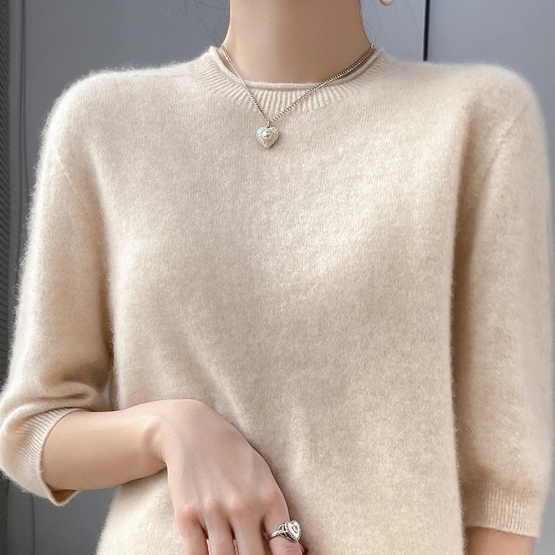 FirstLine ReadyToWear Sweater Womens 100 Pure Wool Knitted ShortSleeved TShirt Round Neck Thin Loose HalfSleeve 250728