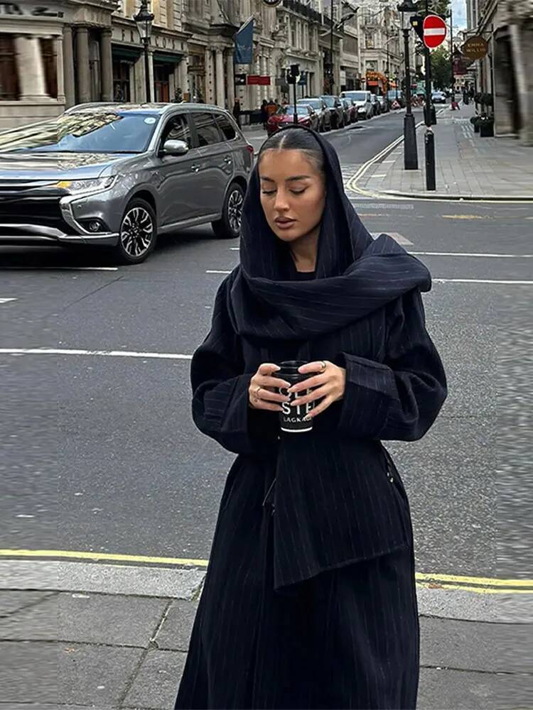 Vintage Striped Long Trench Coats Women Casual Single Button Coat With Muffler Belts Female Autumn Winter Elegant Loose Outwears