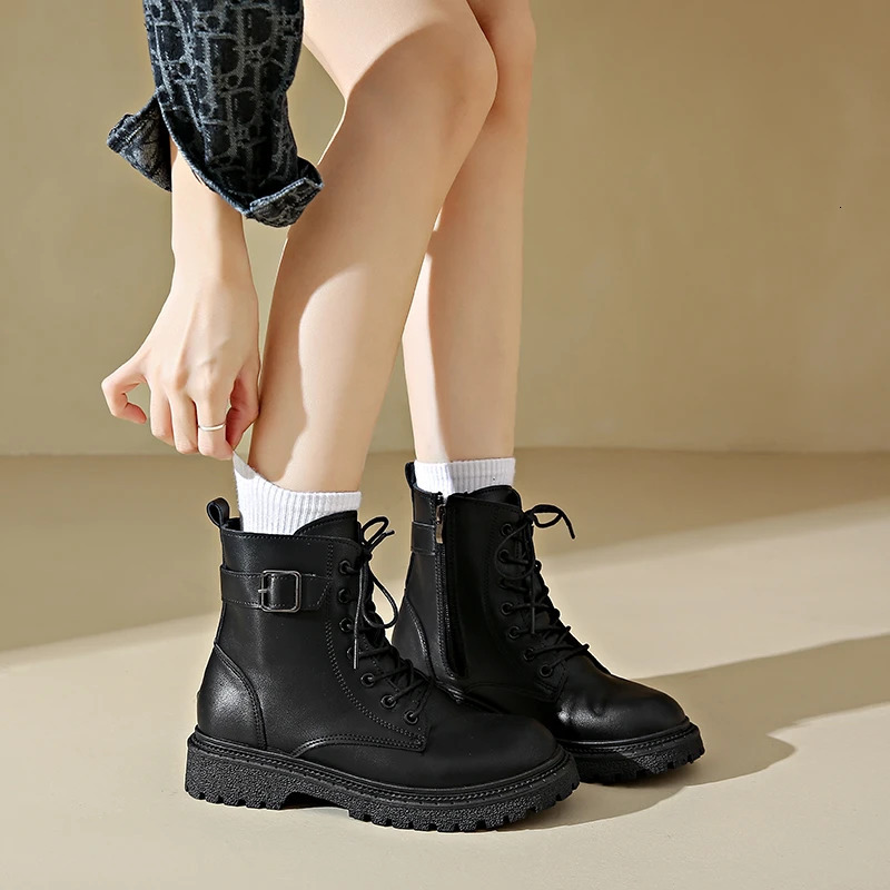 Minimalist Lace-up Combat Women Boots 4.5cm Chunky Heel Platform Women Boots British Style Thick Sole Increase Height Casual Boo 250725