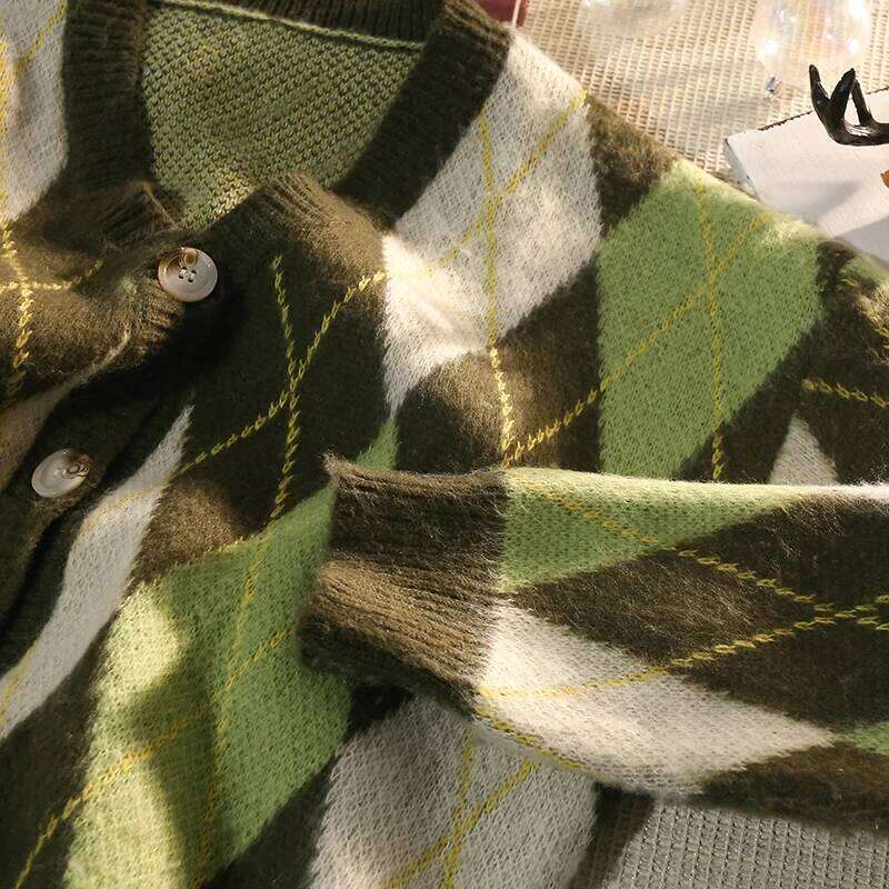 Japanese Retro Rhombus V-neck Cardigan Men in Spring Autumn Loose Thickened Sweater Casual Lazy Style Jacket Aesthetic