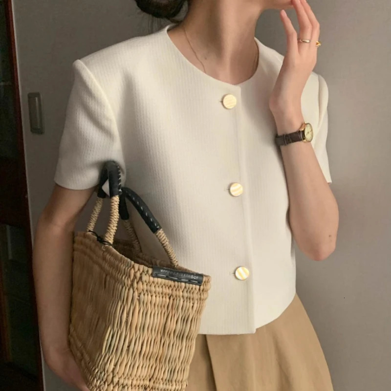 REALEFT Spring Summer Elegant Womens Jackets Short Sleeve Korean Oneck Single Breasted Solid Outerwear Female 250728