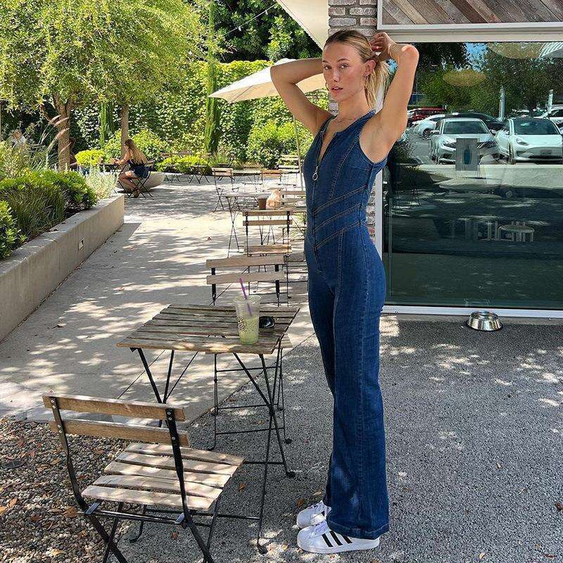 2025 Summer New Fashion Slim Fit Sleeveless Backless High Waist Flared Denim Jumpsuit for Women