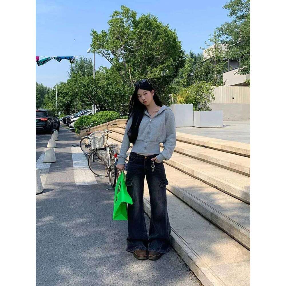 American Zipper Long Sleeve Short Solid Vintage Hoodies Hooded High Waist Slim Fit TopsWomen Y2k Sweatshirts Fleece Coats