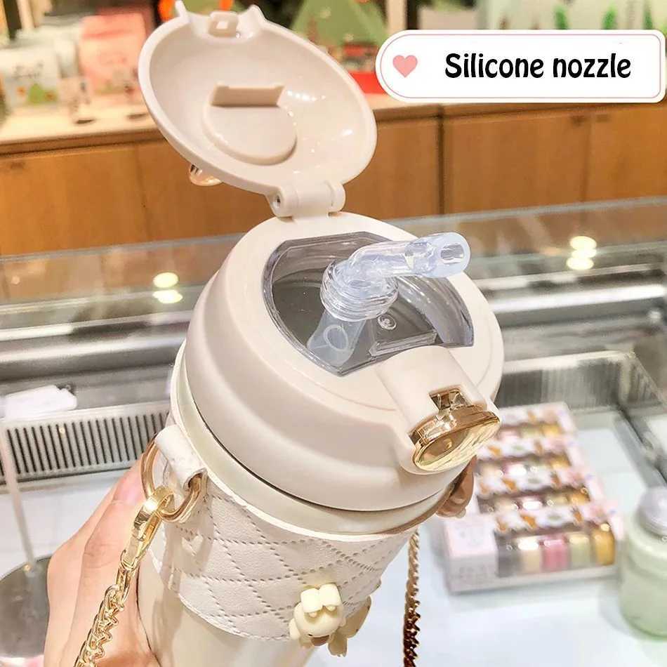 ute Rabbit Ear Plastic Water Bottles With Straw For Girls Kids Portable Strap Student Bottle With Cup Cover Anti-drop BPA Free X2507281