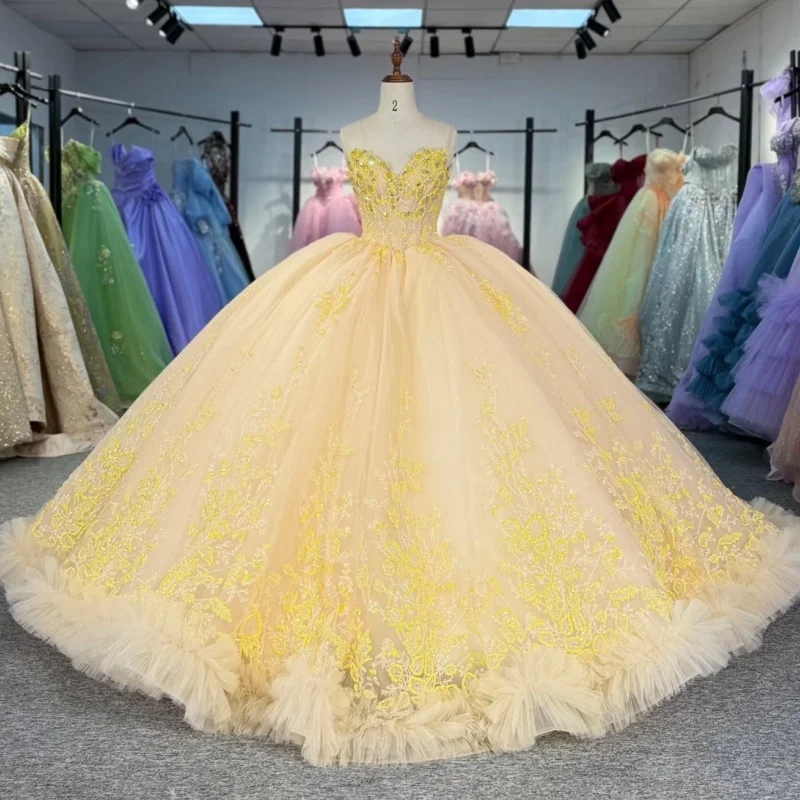 Champagne Princess Quinceanera Dresses Off Shoulder Beads Sequin Applique Lace Tull Sweet 16 Dress Ball Gown Vestidos 15 Anos