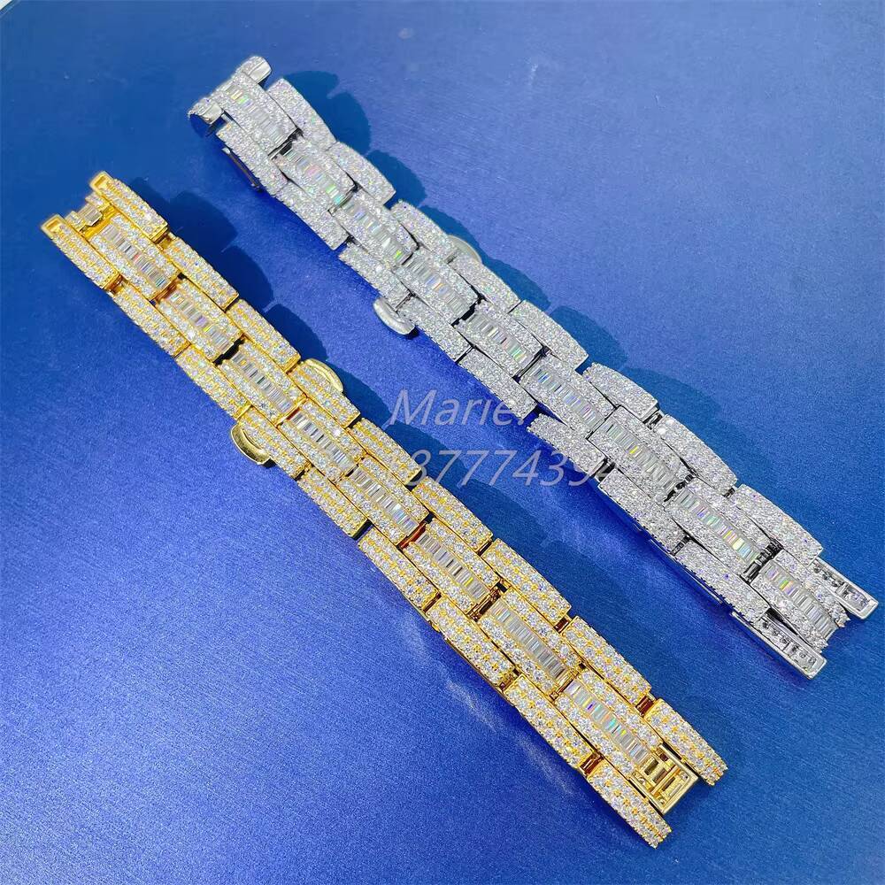 15mm Wide baguette Moissanite Hip Hop Jewelry Fashion Icedout Luxury Bracelet Moissanite Chain Cuban Link Chain