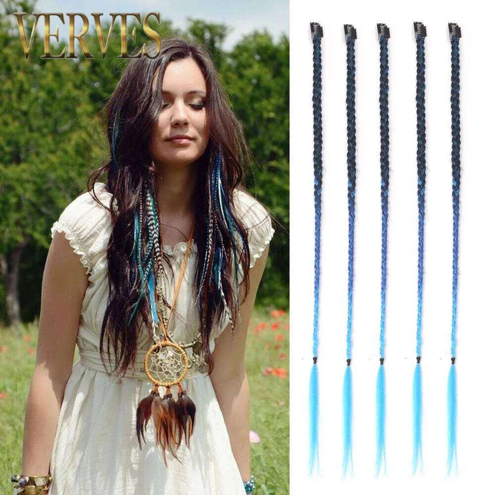 Synthetic 5 Pcs/Lot Clip-in Extensions Rainbow Colorful 22 Inch Braid Hair Extension With Clip Ombre Hairpiece Box Braids