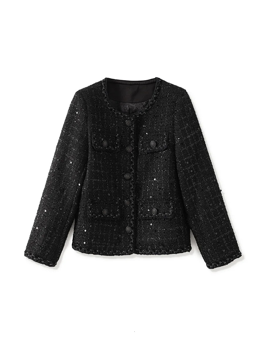 ZJYT Elegant Ladies Black Tweed Woolen Jacket for Women Womens Clothing Winter Coat Single Breasted Outerwear Jacket 250728