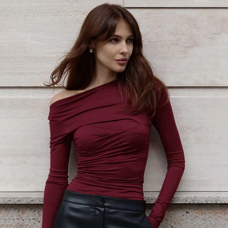 Y24tp624 Autumn Winter Women's Solid Color Off-Shoulder Asymmetrical Ruched Long Sleeve T-Shirt Top B5