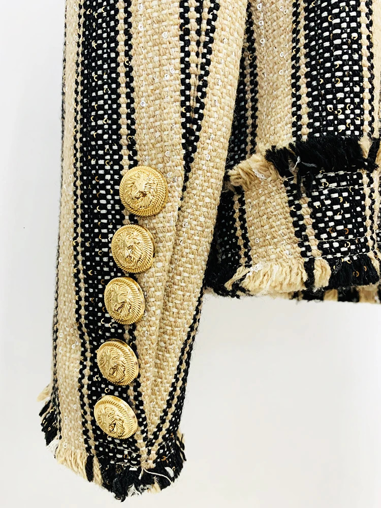 HIGH STREET est AW ner Outerwear Womens Elegant Yellow Black Striped Tassel Fringed Tweed Jacket 250728