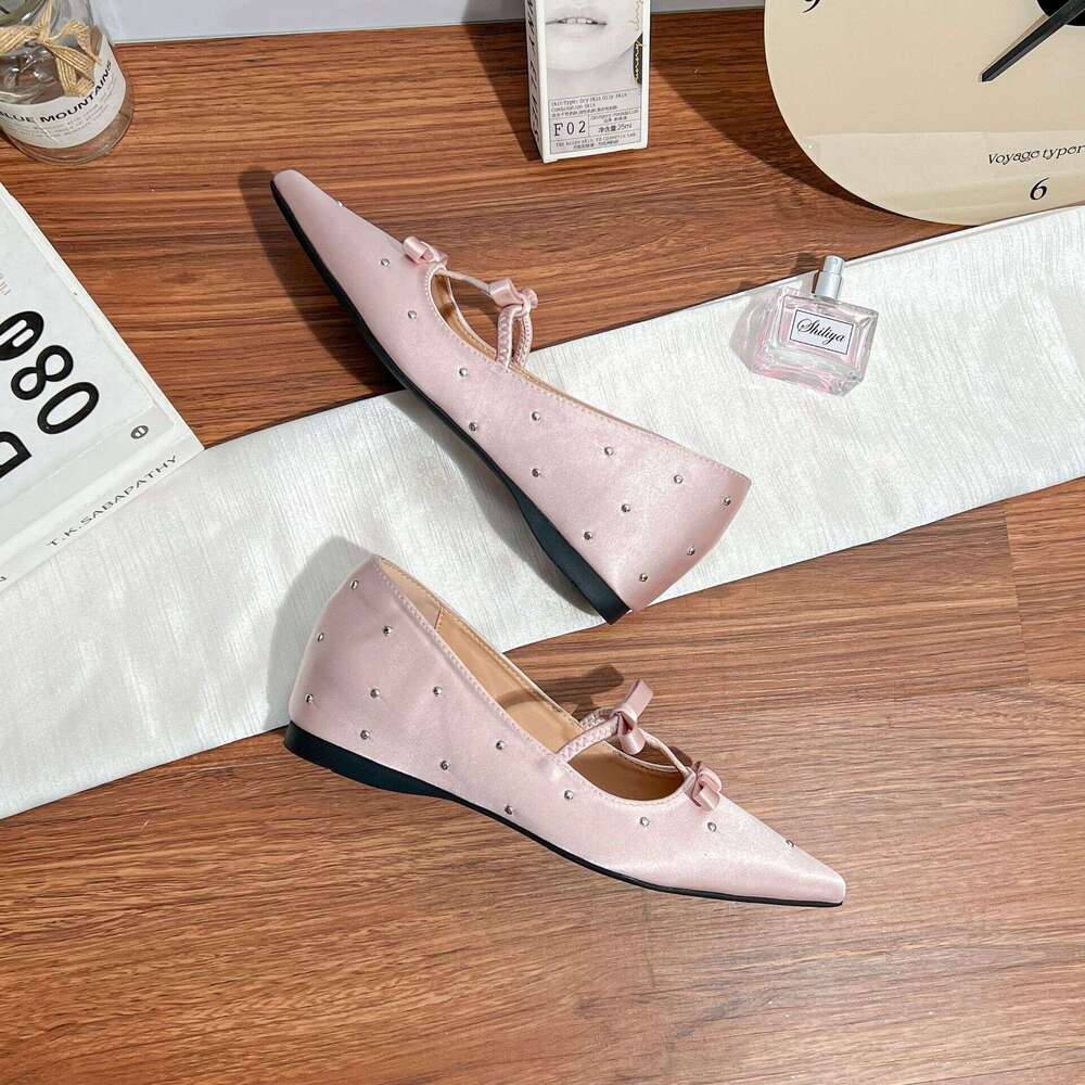 Hidden Heel Flat for Women with Bowknot Pointed Toe Strap Elegant Soft Sole Comfortable Rivet Mary Jane Shoes