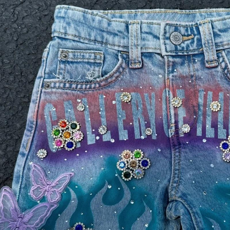 Men's Shorts Tassel Flame Print Pattern Rhinestone Butterfly Decoration Loose Denim Retro American Street Men Women Fashion Jeans