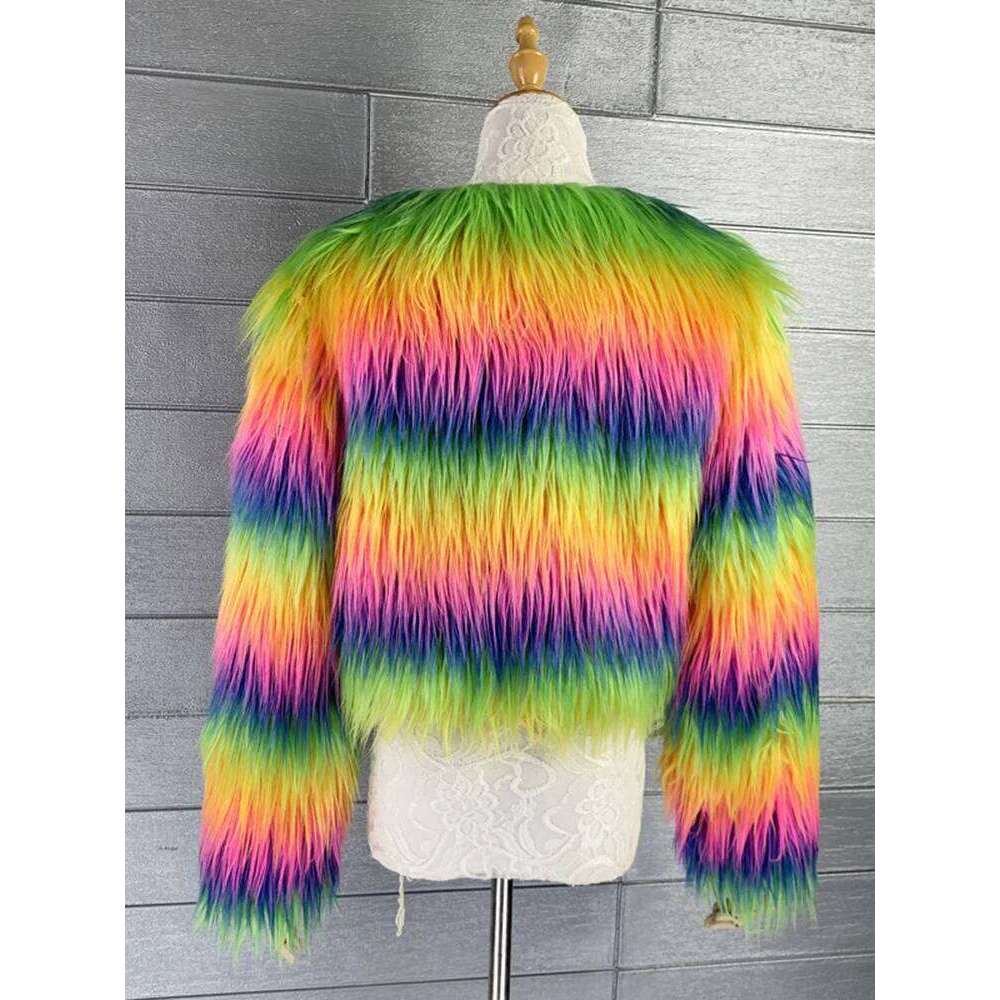 LANMREM Rainbow Colored Fur Coat For Women O-Neck Long Sleeves Personalized Coats 2025 Spring Winter New