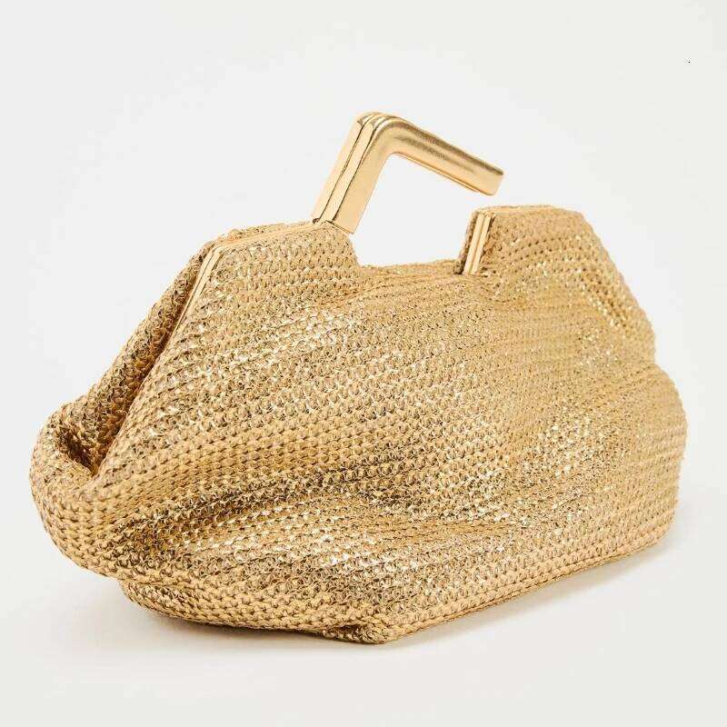 GOLD BAG WITH METAL HANDLE, Woven Handbag for Women, Designer Evening Dress Bag, New Fashionable Women's Metal Clutchs