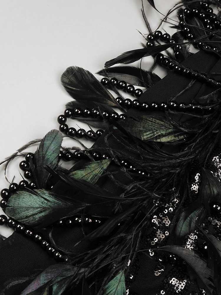 VC Black Long Sleeve Short Dress Turtle Neck Feather Pearl Embellished Handmade Beads Prom Celebrity Cocktail Party Evening Gown Z250728