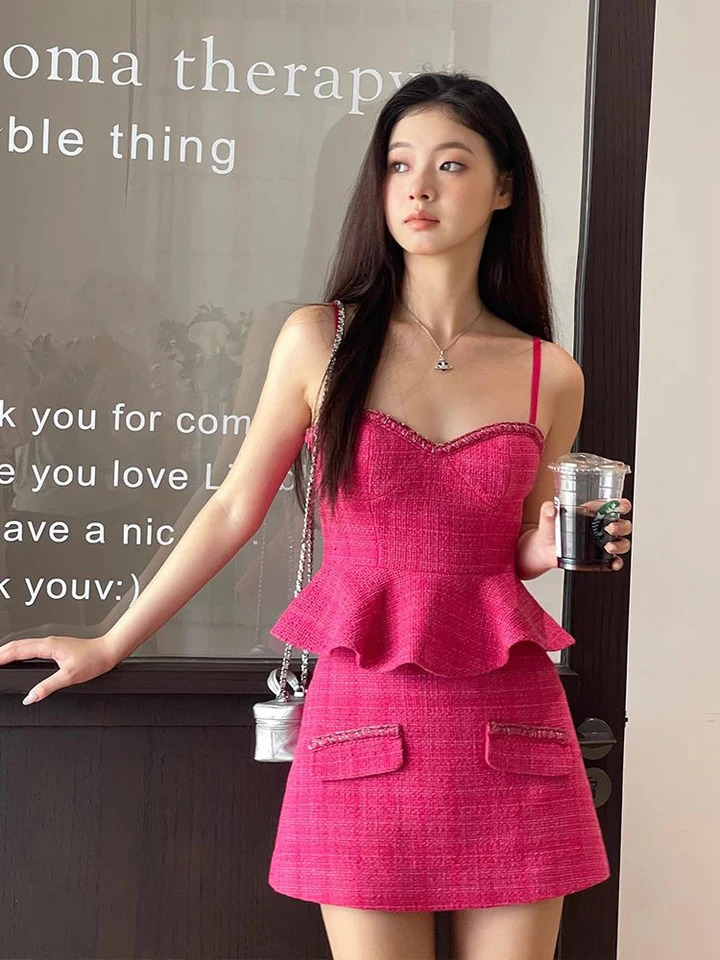 High Quality Tweed 2 Piece Set Women Summer Top Sleeveless Ruffles Slim Waist Mini Skirt Fashion Outfit 250728