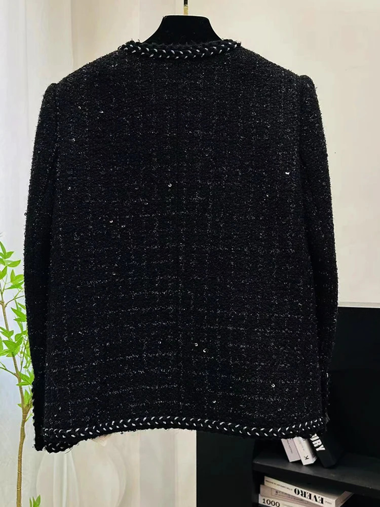 Fashion Black Heavy Industry Sequin Shiny Silk Tweed Temperament Celebrity Little Fragrance Style Starry Sky Jacket 250728