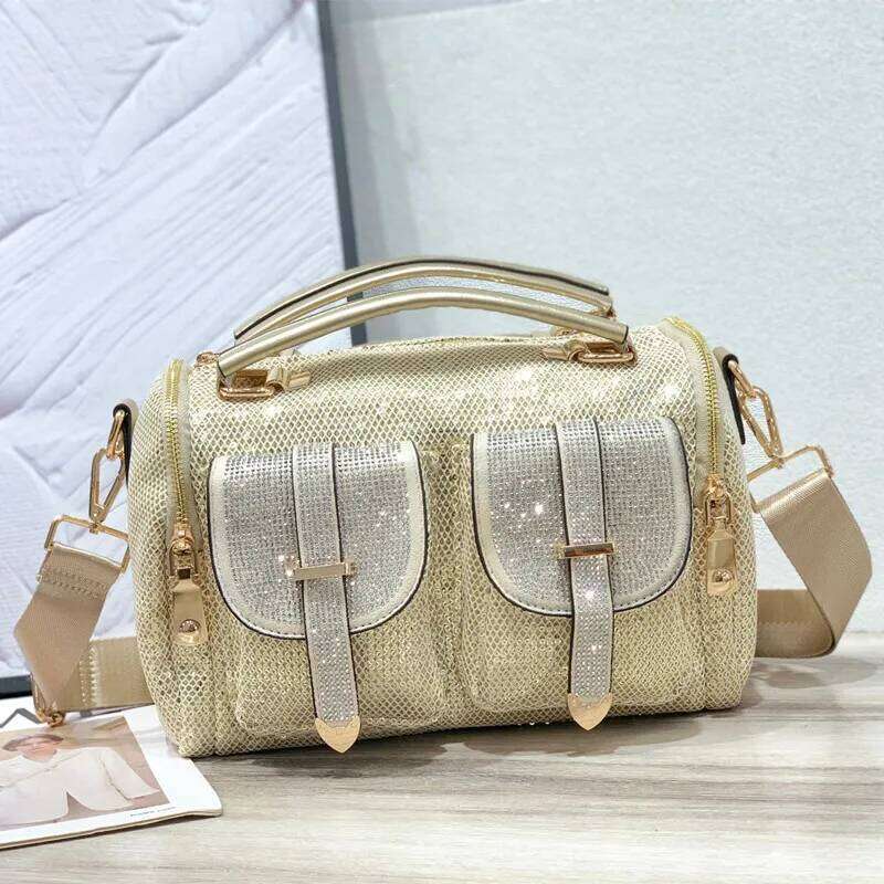 Women High end Rhinestone Fashion Mesh Large Capacity Tote Multi Pocket Handbags Dias Crossbody Shoulder Bag
