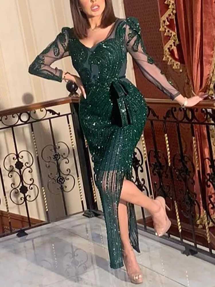 2022 New Fashion V-neck Sparkling Hot Printed Green Long Sleeve Evening Dress Evening Dress for Women party wedding Dresses Z250728