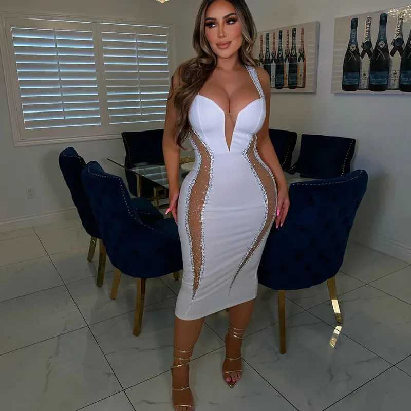 Sexy Spaghetti Strap V-neck Bandage Bodycon Dress for Women EleGant Mesh Patchwork Cocktail Party Dresses Midi Dresses Z250728