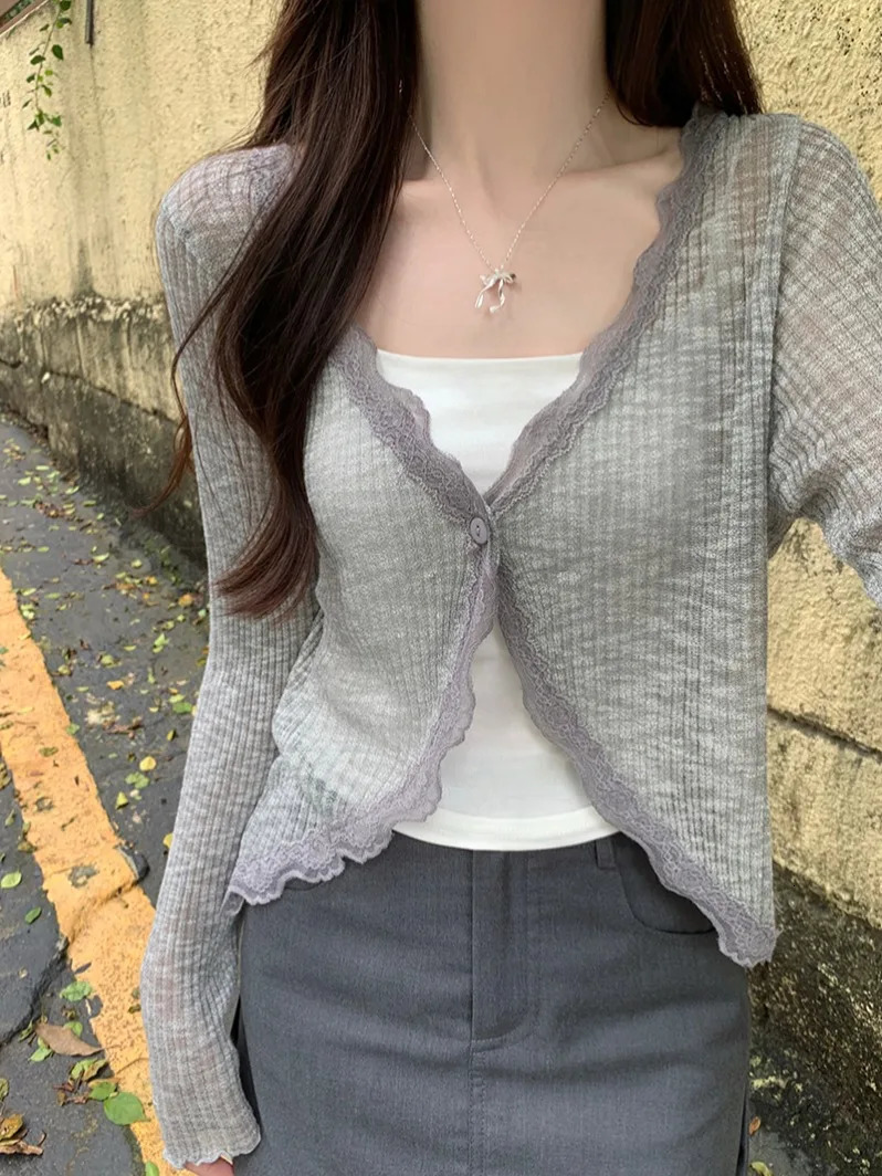 Lace Trim One Button Long Sleeve Crop Top Women Short Open Front Ribbed Knit Cardigan Sweater Summer Fairycore Outfit 250728