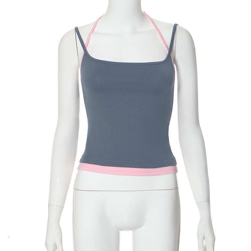 M23tp768 Women's Spring Summer New Color-Block Fake Two-Piece Halter Neck Backless Crop Top T-Shirt For Women B5