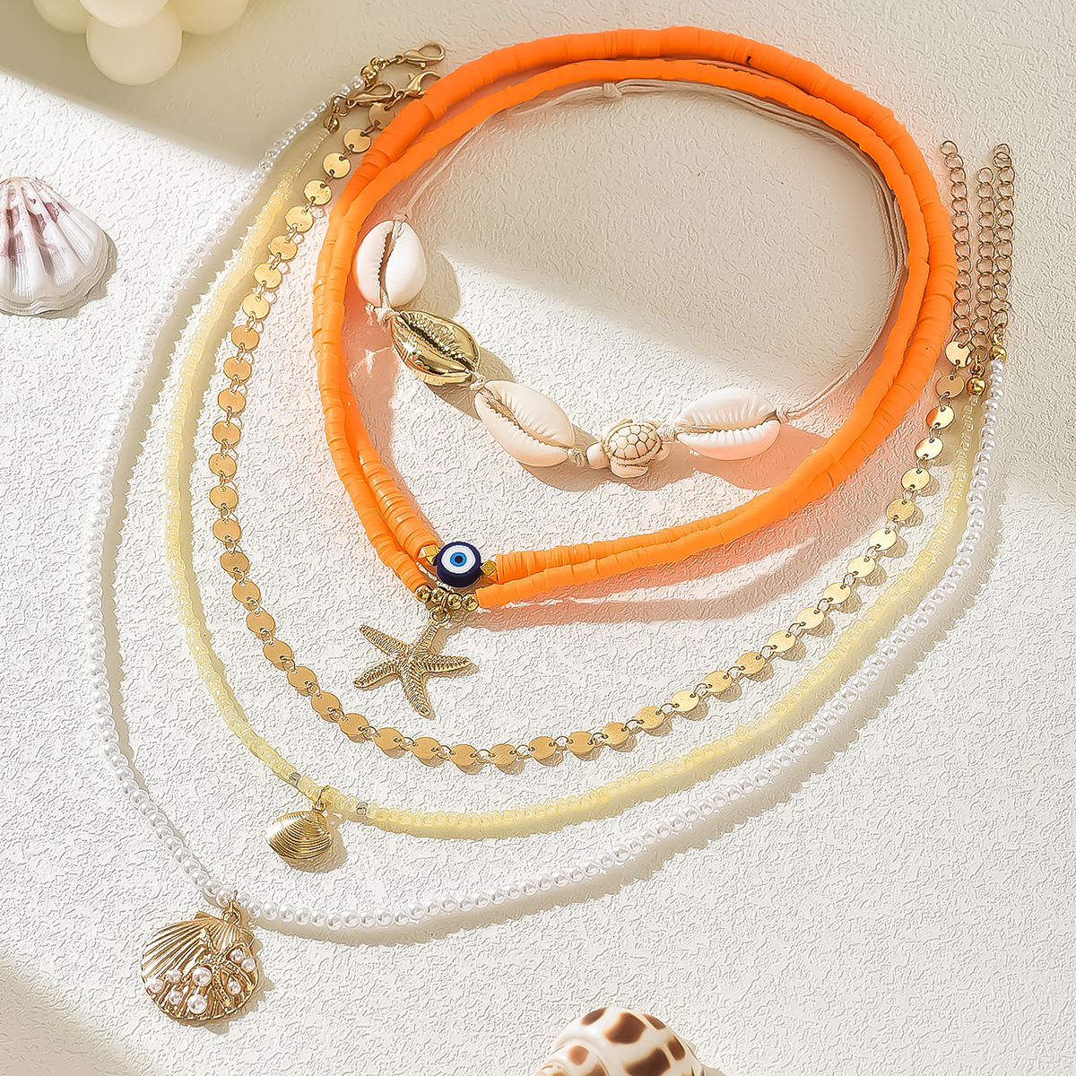 Layered High-End Ins Style Shell Necklace Irregular Colorful Soft Clay Pearl Starfish Collarbone Chain Jewelry for Women