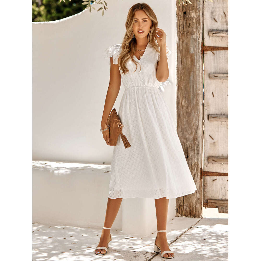 2025 Summer New Casual Women's Fashion European and American Solid Color V-neck Waist-cinching Fresh Style Dress for Women