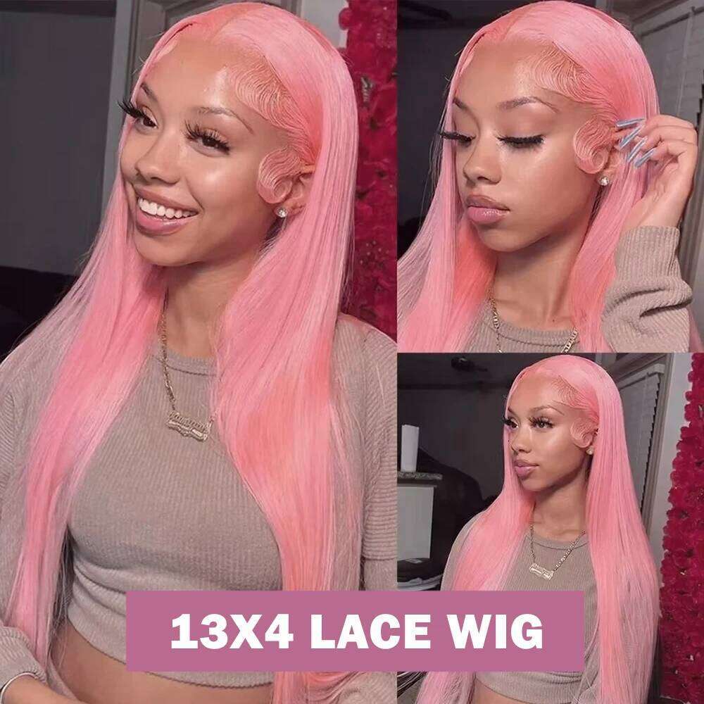 Light Pink Lace Front For Women Heat Resistant Fiber Long Straight Synthetic Hair Wigs For Daily Party Cosplay Use