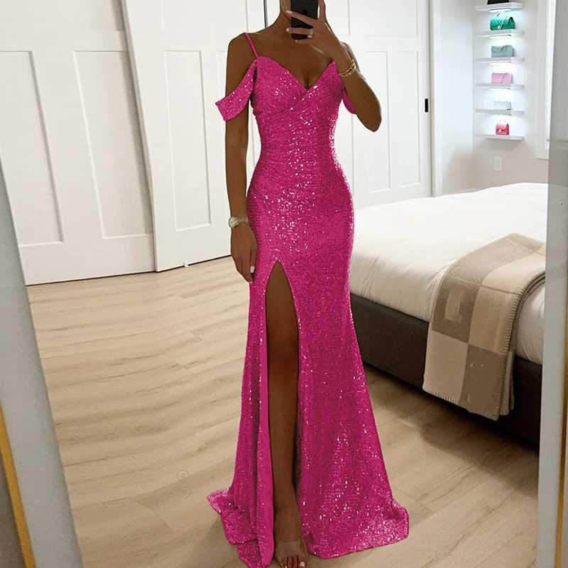 Fashion Banquet Sequins Off Shoulder Evening Dresses Sexy Suspender Slim Side Split Dresses Elegant Ladies Temperament Prom Gown Z250728