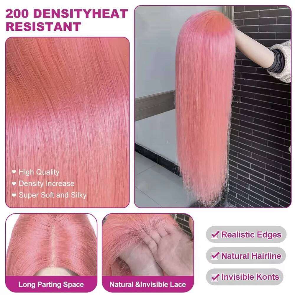 Light Pink Lace Front For Women Heat Resistant Fiber Long Straight Synthetic Hair Wigs For Daily Party Cosplay Use