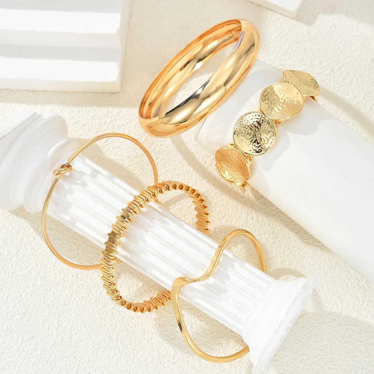 5Pcs/Set Punk Geometry Multilayer Bangles for Women Delicate Gold Color Metal Knot Cuff Bracelets Fashion Hip Hop Party Jewelry W250728