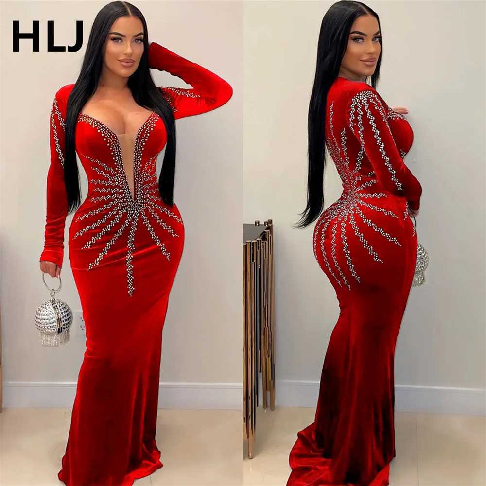 HLJ Fashion Pearls Rhinestones Deep V Bodycon Party Club Dresses Women Round Neck Long Sleeve Velvet Dresses Sexy Mermaid Dress Z250728