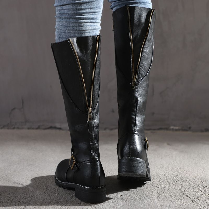 Brown & Black Leather Knee-High Boots with Zipper for Cold Weather