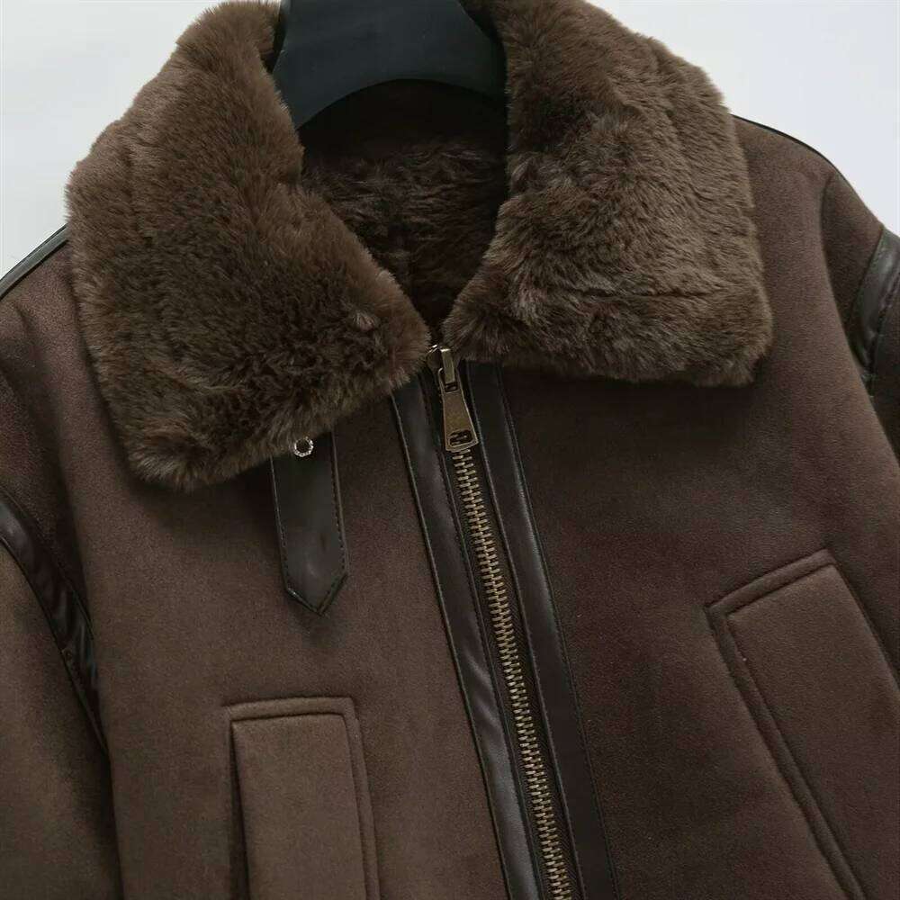 2024 Women's Autumn And Winter New Fur Effect Double-Sided Coat Motorcycle Jacket Short Lapel