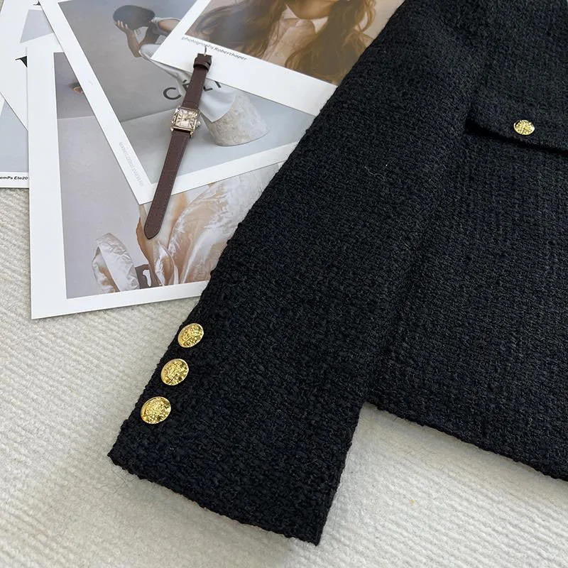 Black Tweed Jackets Womens Korean Fashion Metal Buckle n Short Coats Woman Autumn Winter Single Breasted ONeck Outerwear w250728
