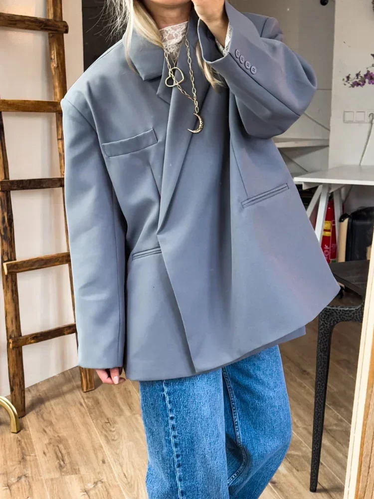 High Street Solid Blazers Women Loose Single Breasted Side Split Lapel Full Sleeve Coats Female Summer Fall Lady Outerwear 250728