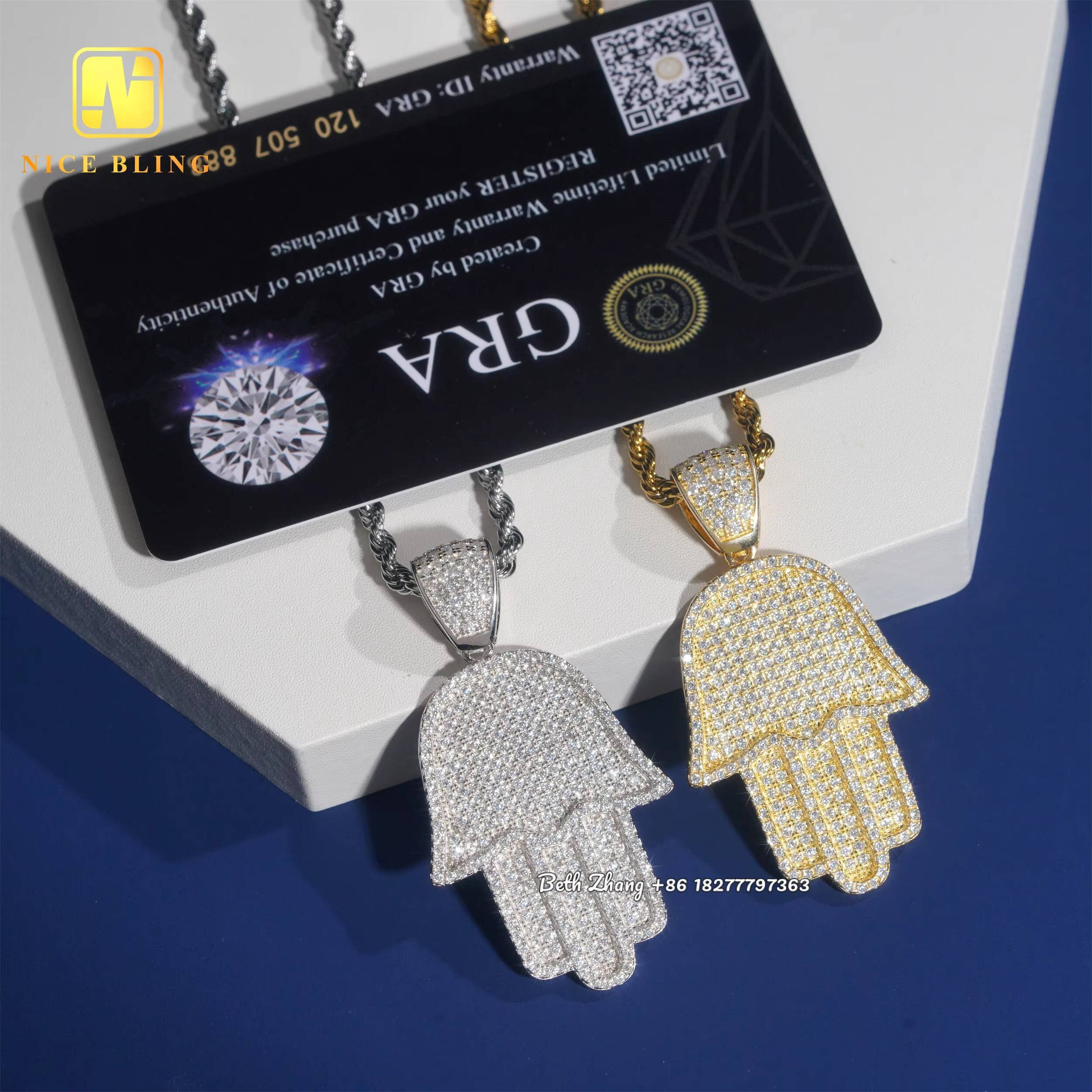 Full Iced Out Jewelry Silver Pendant Charms Fashion Moissanite Hip Hop Pendant Vvs Diamond Hamsa Hand Pendant