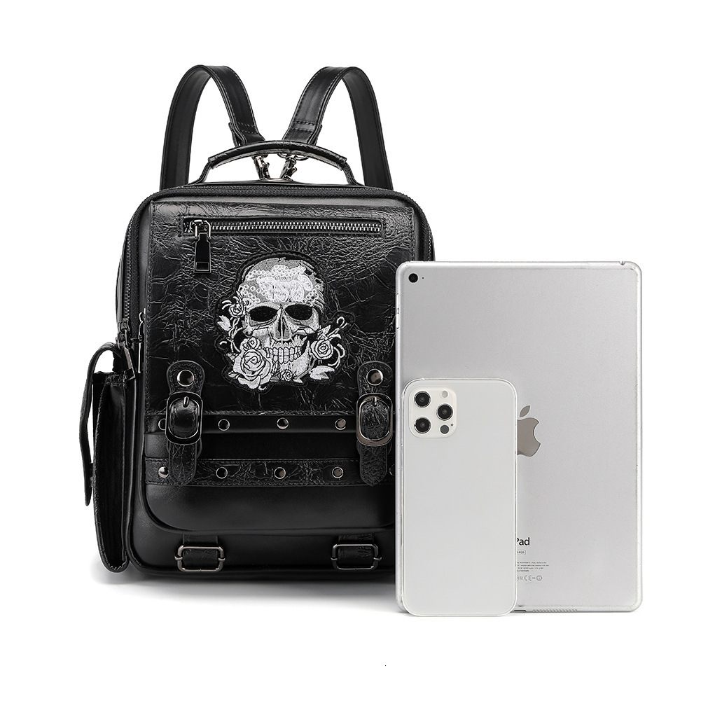 Gothic Style Large Capacity Women's Backpack Skull Embroidery Handbag Laptop Bag PU Leather ddmymoon