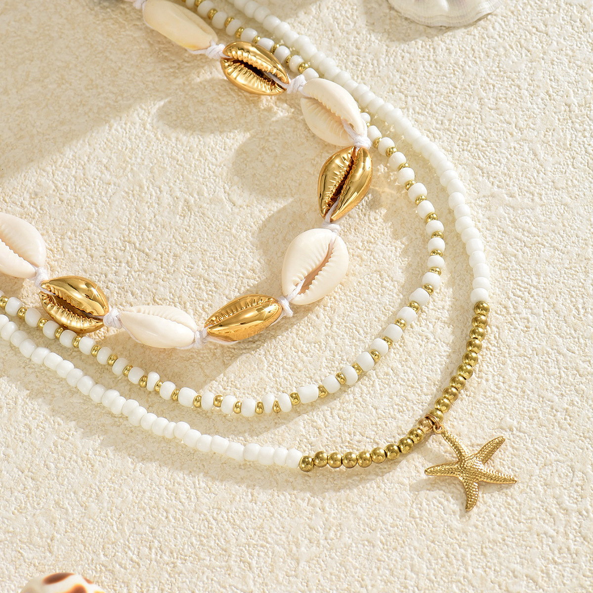 Summer Ocean Beach Style Shell Set Bohemian White Rice Bead Necklace Collarbone Chain Jewelry for Women