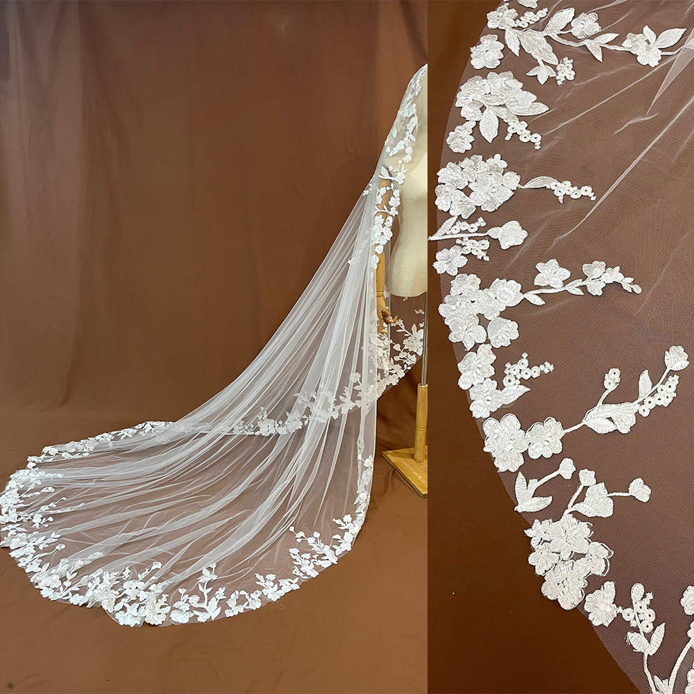 Wedding Veil Customized Real Photos Long Appliques Edge Bridal Veil Single Layer Cathedral Length Wedding Accessories